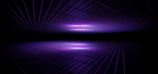 Sci Fi Futuristic Modern Elegant Dark Empty Neon Glowing Purple Blue Pink Gradient Alien Metal Reflective Mesh Room Club Dance Stage Lights 3D Rendering