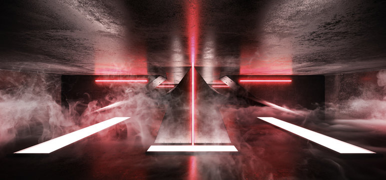 Smoke Fog Futuristic Sci Alien Ship Neon Glowing Laser Orange Red Laser Led Tube Lights In Grunge Concrete Reflective Corridor Tunnel Room Empty Background 3D Rendering