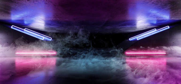 Smoke Fog Futuristic Sci Alien Ship Neon Glowing Laser Purple Blue Pink Laser Led Tube Lights In Grunge Concrete Reflective Corridor Tunnel Room Empty Background 3D Rendering