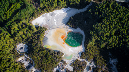Green lake seen from the drone in the Waikite valley
