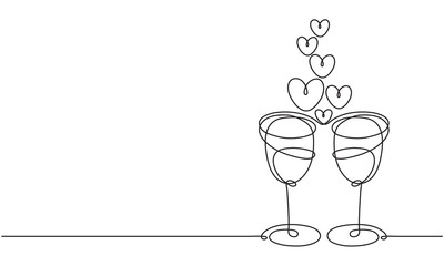 Wine glasses and heart. Line drawing. Love