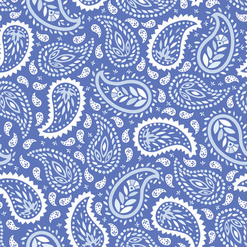 Traditional Blue Paisley vector seamless pattern. Whimsical classic background.Monochrome Shawl print
