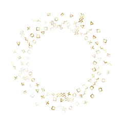 Memphis style geometric confetti vector background of triangle circle square shapes, chevron wavy lines.