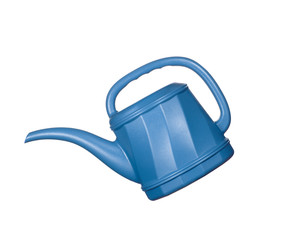 Plastic watering can isolated on white with copy space.