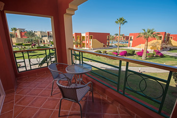 Fototapeta na wymiar View from balcony of luxury tropical hotel resort room