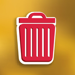 Trash sign illustration. Vector. Magenta icon with darker shadow, white sticker and black popart shadow on golden background. Illustration.