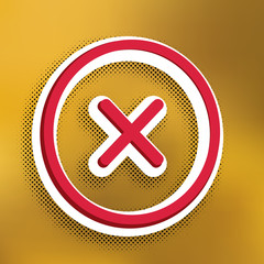 Obraz premium Cross sign illustration. Vector. Magenta icon with darker shadow, white sticker and black popart shadow on golden background. Illustration.