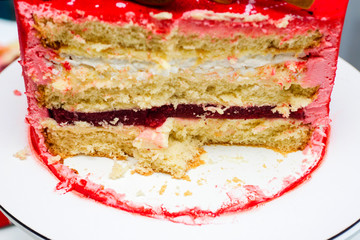 Sliced piece of cake close-up. Big piece of cake