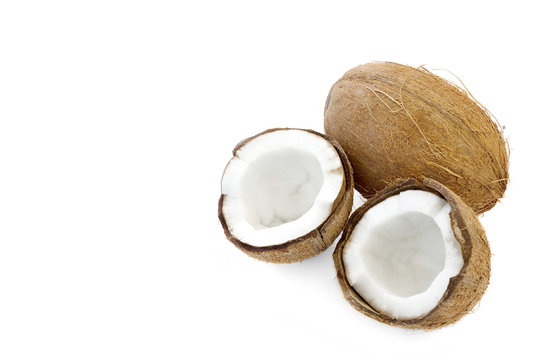fresh natural coconut open and isolated on a white background.space for text