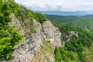 Mountain with a steep rocky slope and valley with thick green forest below.