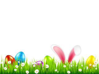 Easter eggs on grass with bunny rabbit ears set. Spring holidays in April. Sunday seasonal celebration with egg hunt.