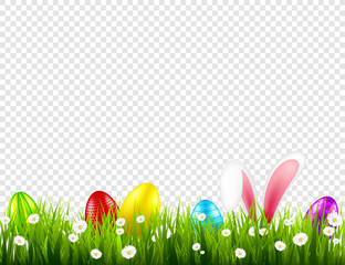 Easter eggs on grass with bunny rabbit ears set. Spring holidays in April. Sunday seasonal celebration with egg hunt.