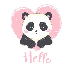 Vector Illustration: A cute cartoon giant panda is sitting on the ground, sticking tongue out, with a branch of bamboo leaves in hand