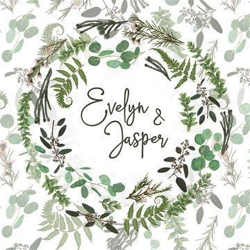 Green vector wreath frame made from twigs and leaves. Forest fern, herbs, eucalyptus, branches boxwood, buxus, brunia, botanical green isolated on white background. For wedding