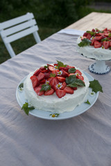Homemade strawberry cake with mint and flowers on table outside