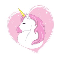 Cute vector unicorn. Magic character with pink mane surrounded by star dust for sticker, card, t-shirt and funny children's design.
