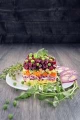 Traditional vegetarian Russian salad snack vinaigrette in a rustic recipe-.Beet Salad.
