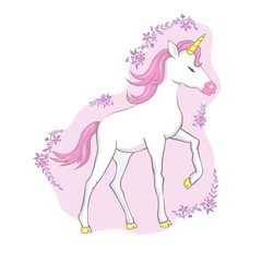 Obraz na płótnie Canvas Cute vector unicorn. Magic character with pink mane surrounded by star dust for sticker, card, t-shirt and funny children's design.