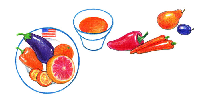 American food. Carrots, tomatoes, sweet peppers, eggplant, lemon, fruits. Drawing with colored pencils