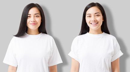 Collage of asian girl in blank template t shirt isolated on gray background. Young woman in tshirt...