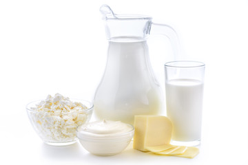 Milk, cottage cheese, sour cream, cheese, still life from fresh dairy products. Dairy nutrition is...