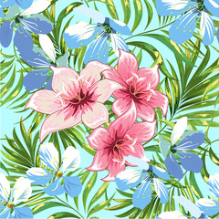 Seamless pattern of a tropical palm tree, jungle leaves and flowers. Vector floral pattern.