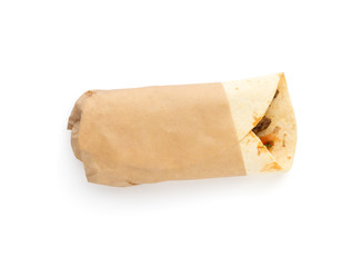 Shawarma on a white background. The Doner kebab close up on a white background.