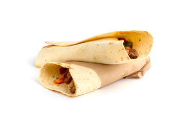 Shawarma on a white background. The Doner kebab close up on a white background.