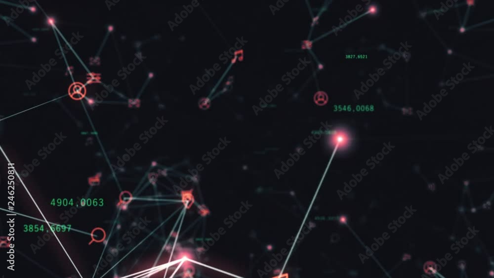 Poster background of randomly moving network and internet related things. online shopping, social networks,