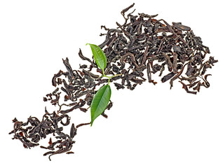 Black tea with green leaves isolated on white background, top view.