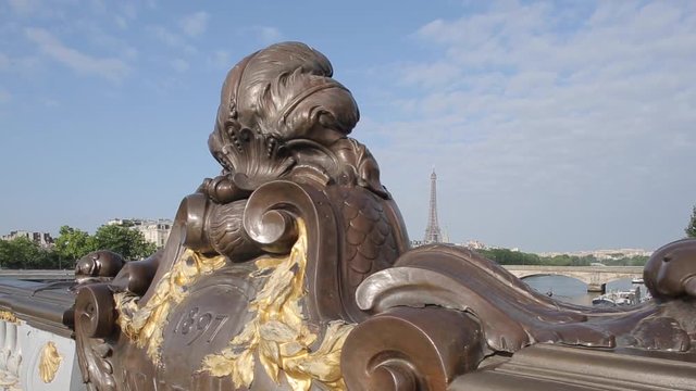 Statues and Lamps on Pont Alexandre lll and Eiffel Tower, Paris, France, Europe 