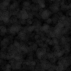 Abstract seamless pattern of randomly distributed translucent spirals in black and gray colors