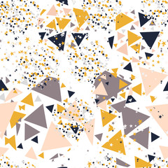 Abstract seamless pattern with colorful chaotic small triangles, dots, stars. Infinity triangular messy geometric pattern. Vector illustration.    