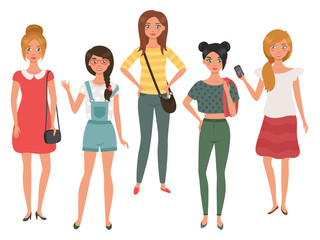 Obraz premium Bundle of young pretty girls isolated on white background. Front view.