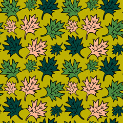 Floral seamless pattern with maple leaves. Autumn background with foliage, petals for wrapping paper. Vector illustration. 