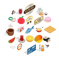 Quality food icons set. Isometric set of 25 quality food vector icons for web isolated on white background