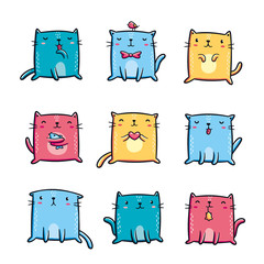 Cute colorful cats doodles. Kawaii characters, hand drawn style. Design elements for print (stickers, greeting cards, t-shirt, poster). Isolated on white background.