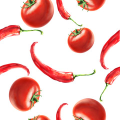 Pepper and Tomato. Hand drawn image of a tomato and chilli peppers isolated on a white background.