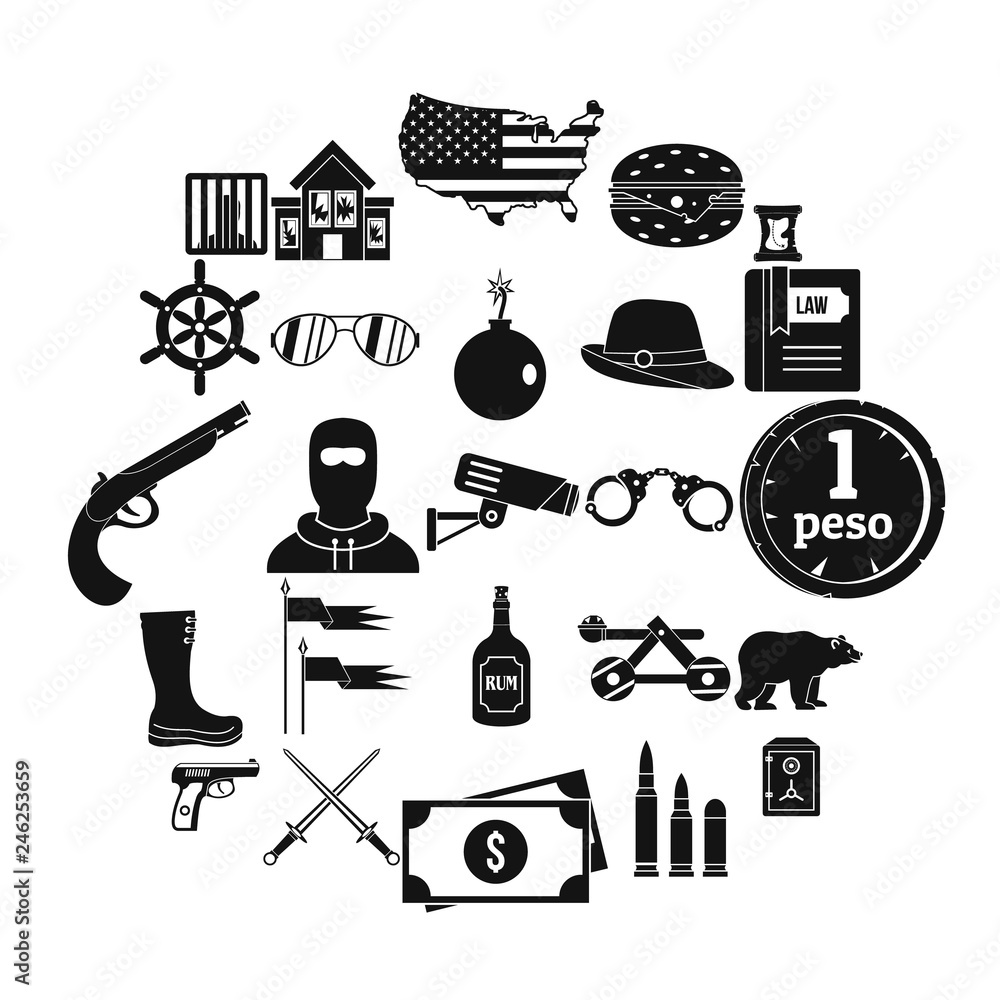 Poster pistol icons set. simple set of 25 pistol vector icons for web isolated on white background