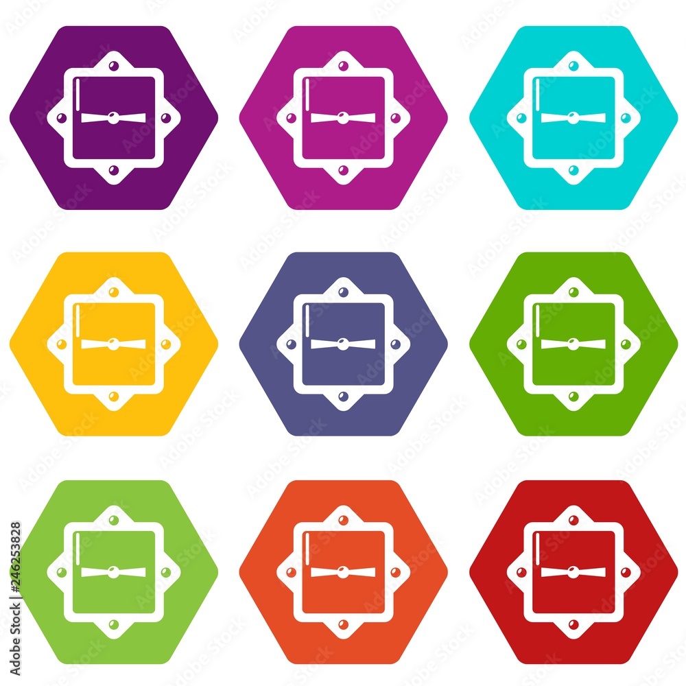 Poster lock retro icons 9 set coloful isolated on white for web