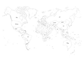 Vector political map of world. Black outline on white background with country name labels