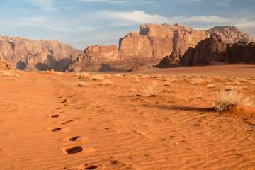 Line of steps in desert in morning light, Wadi Rum desert, Jordan
