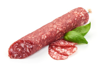 Italian sausage. Tasty dried sausage, close-up, isolated on white background