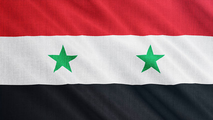 Syria flag is waving 3D illustration. Symbol of Syrian national on fabric cloth 3D rendering in full perspective.