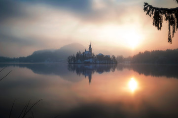 Winter Morning at Beautiful Bled Lake National Park Slovenia