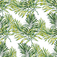 Fototapeta na wymiar Seamless pattern of a tropical palm tree, jungle leaves. Hand drawing. Vector floral pattern.