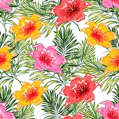 Zelfklevend behang Tropische planten Seamless pattern of a tropical palm tree, jungle leaves and flowers. Hand drawing. Vector floral pattern.