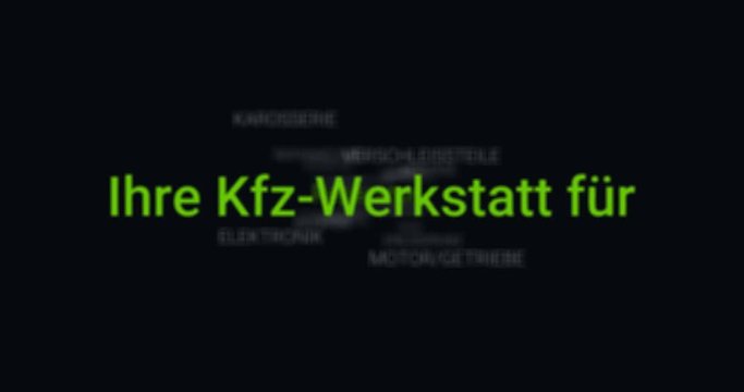 Animation welche den Service einer Kfz-Werkstatt zeigt (z.B. T&Uuml;V, Abnahme, Hauptuntersuchung, HU, AU). Schwarzer Hintergrund, gr&uuml;ne Schrift.
