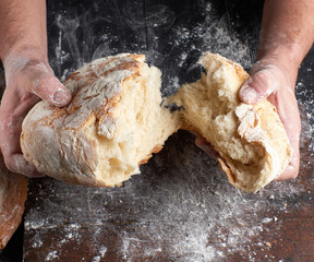 male hands breaking open baked bread in half