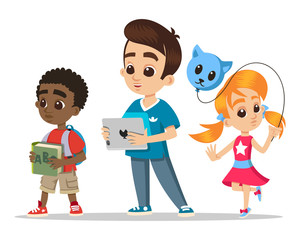 Group of small children. Young characters portrait. Little girl with a balloon. Happy boy cartoon with tablet. African little boy. Cute little children's heads characters. Vector.